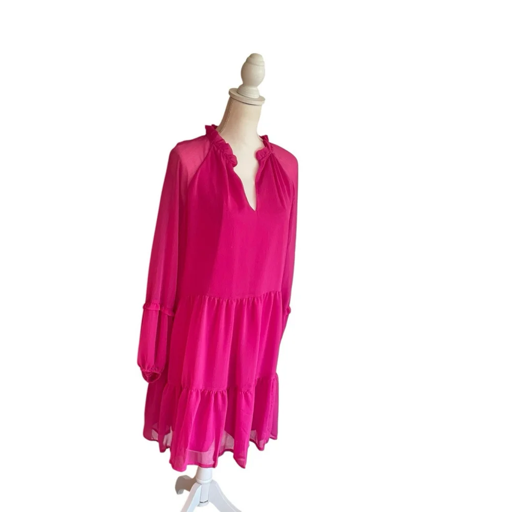 Vince Camuto Hot Pink Tiered Chiffon Mini Dress Sheer Sleeves Ruffle Collar Sz L - Picture 3 of 10